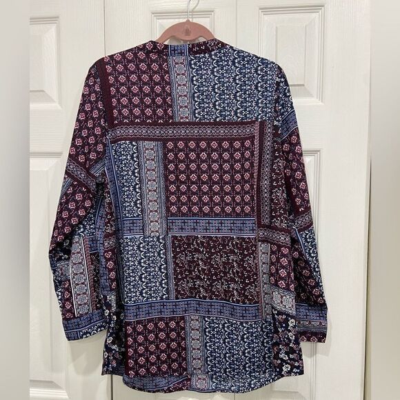 NWT Tantrums 3/4 quarter sleeve button down top Patchwork print front size L - Picture 8 of 8